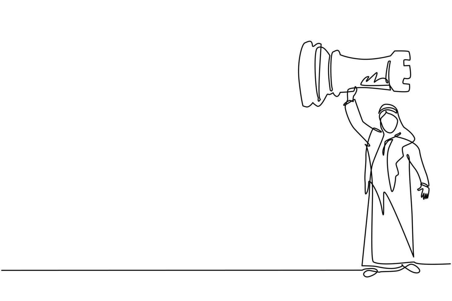 Single continuous line drawing Arab businessman holding and lifting rook chess piece. Successful entrepreneurship tactics or strategy, superiority in business. One line draw design vector illustration