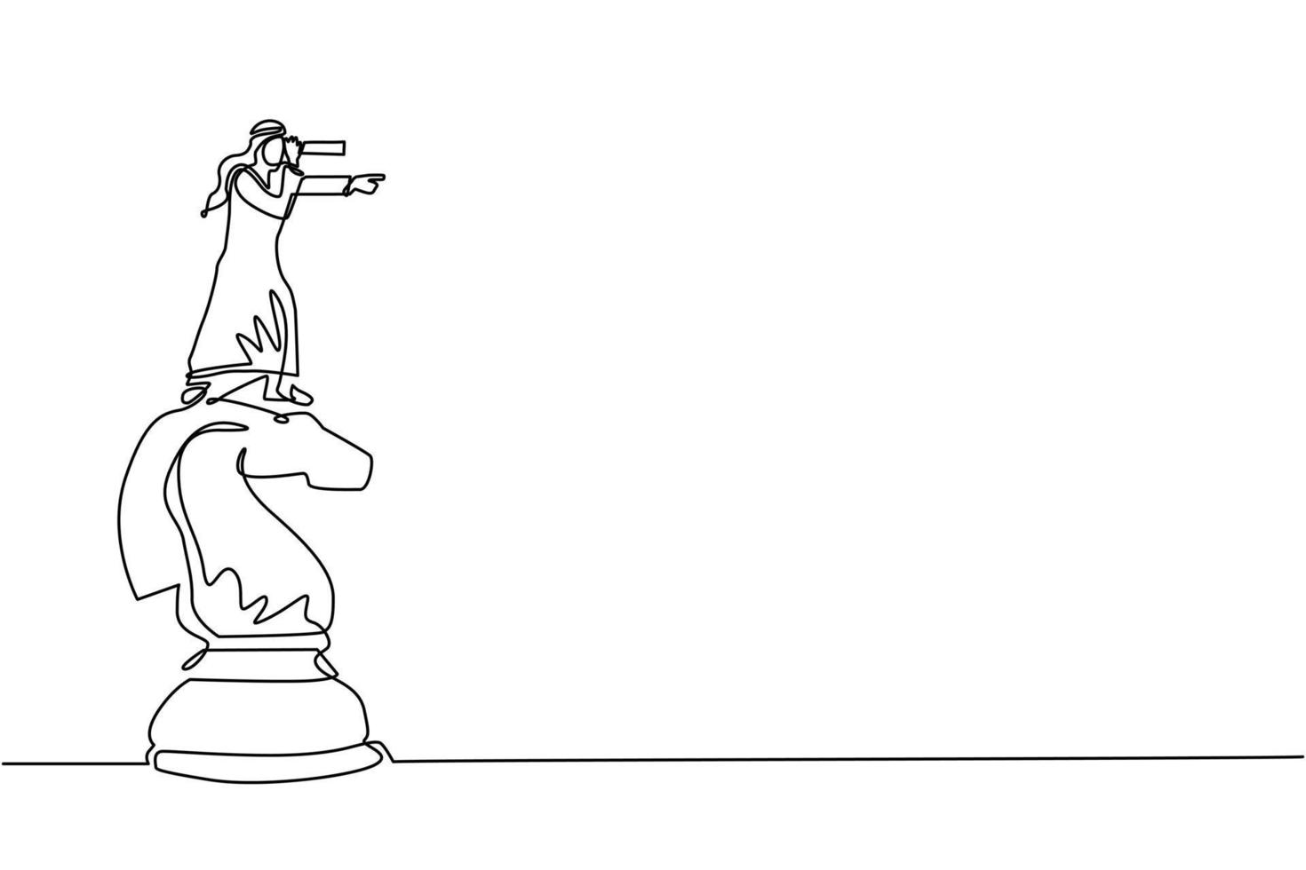 Single continuous line drawing Arabian businessman on top of big horse chess piece using telescope looking for success, opportunities, future business trends. One line draw design vector illustration