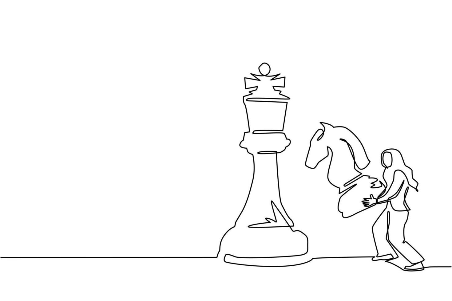 Continuous one line drawing Arab businesswoman holding knight chess piece to beat king chess. Strategic planning, business development strategy, tactic entrepreneurship. Single line draw design vector