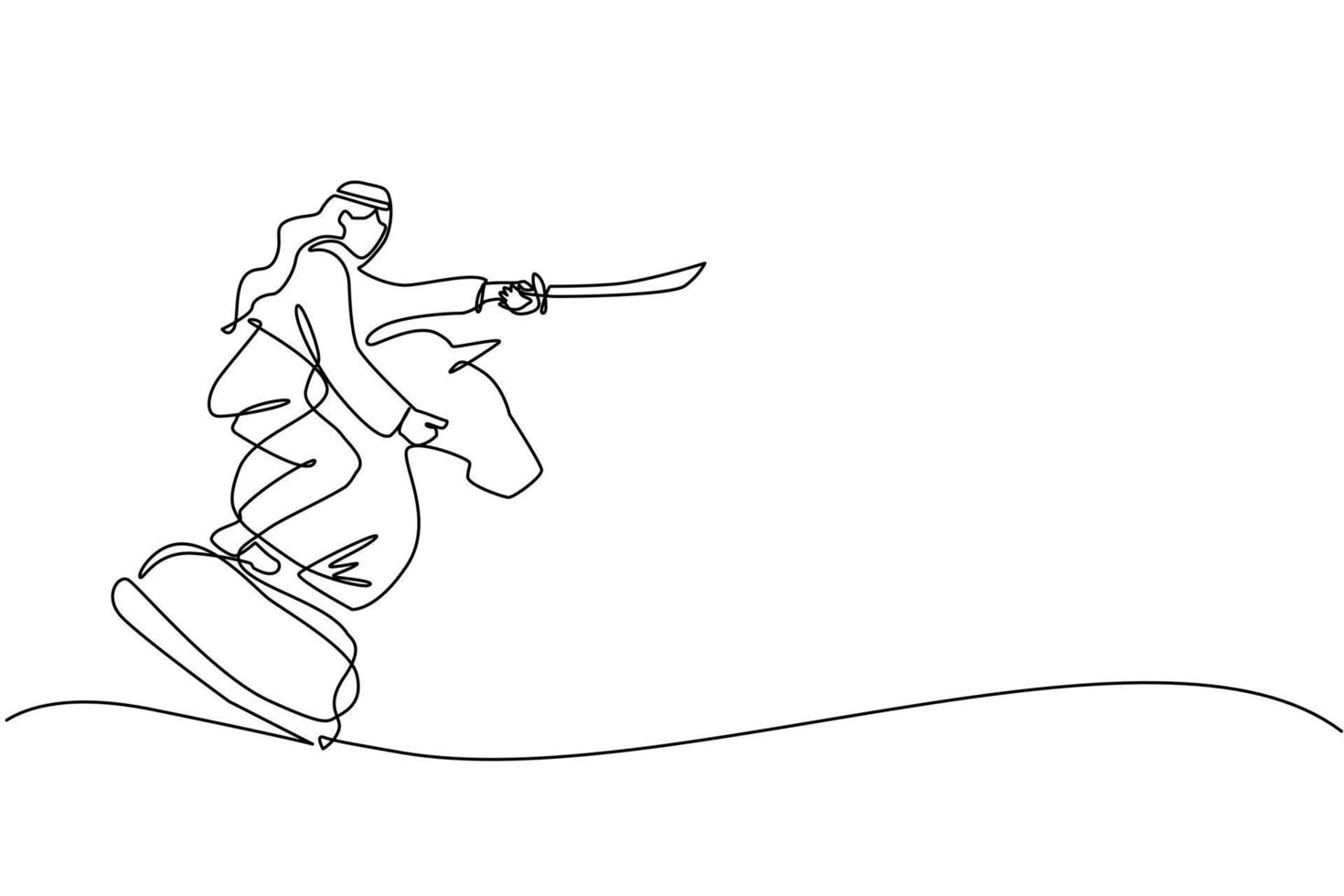 Continuous one line drawing Arabian businessman riding big chess horse knight with sword. Strategy, business, competition, achievement goal concept. Single line draw design vector graphic illustration