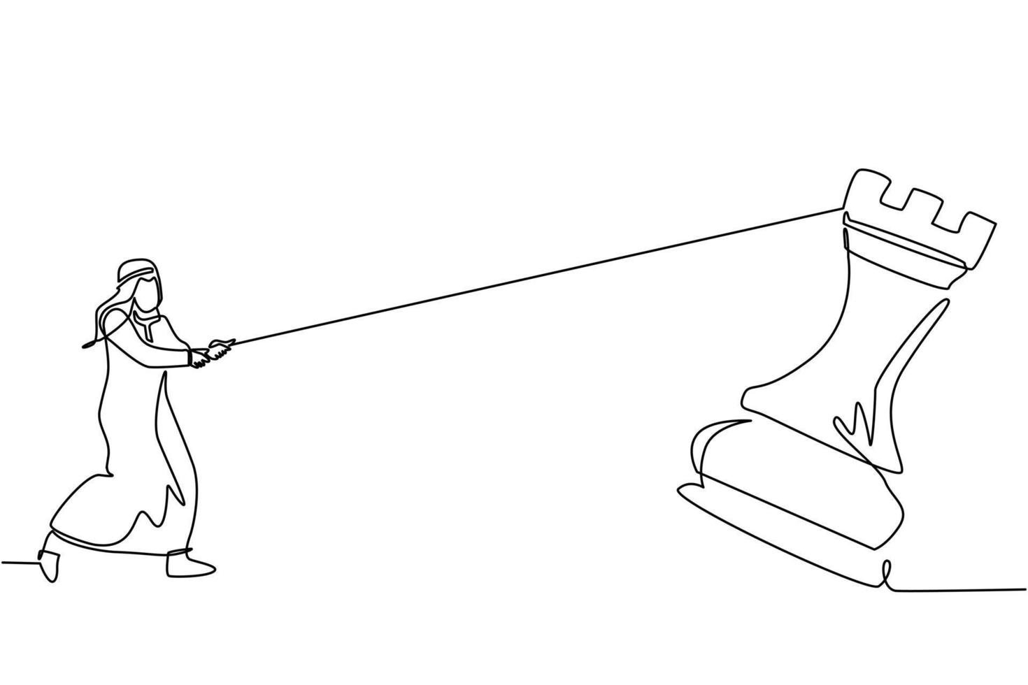 Single one line drawing Arab businessman pulling big rook chess with rope. Business achievement goal, strategy, competitive, strategic concept. Continuous line draw design graphic vector illustration