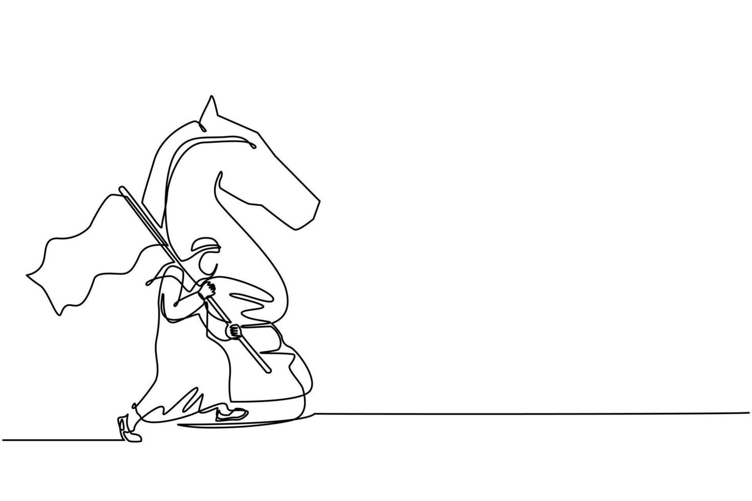 Continuous one line drawing Arabian businessman running and holding flag beside big horse knight chess. Business achievement goal, metaphor concept. Single line draw design vector graphic illustration