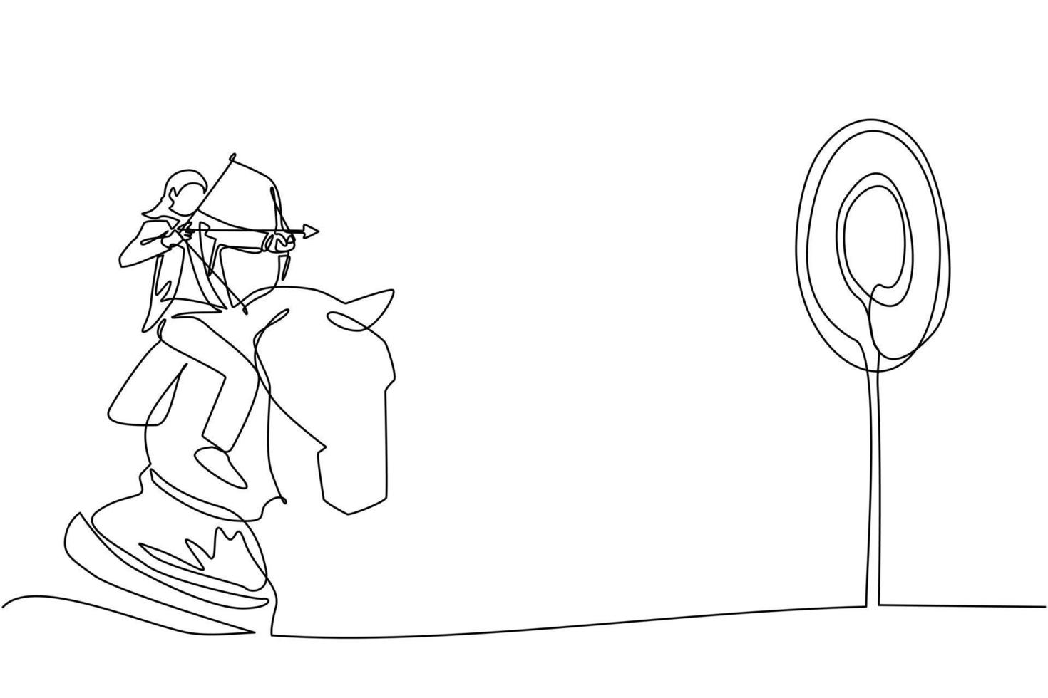 Continuous one line drawing young businesswoman holding archery aiming target while riding chess knight piece, strategic concept. Success business manager. Single line draw design vector illustration