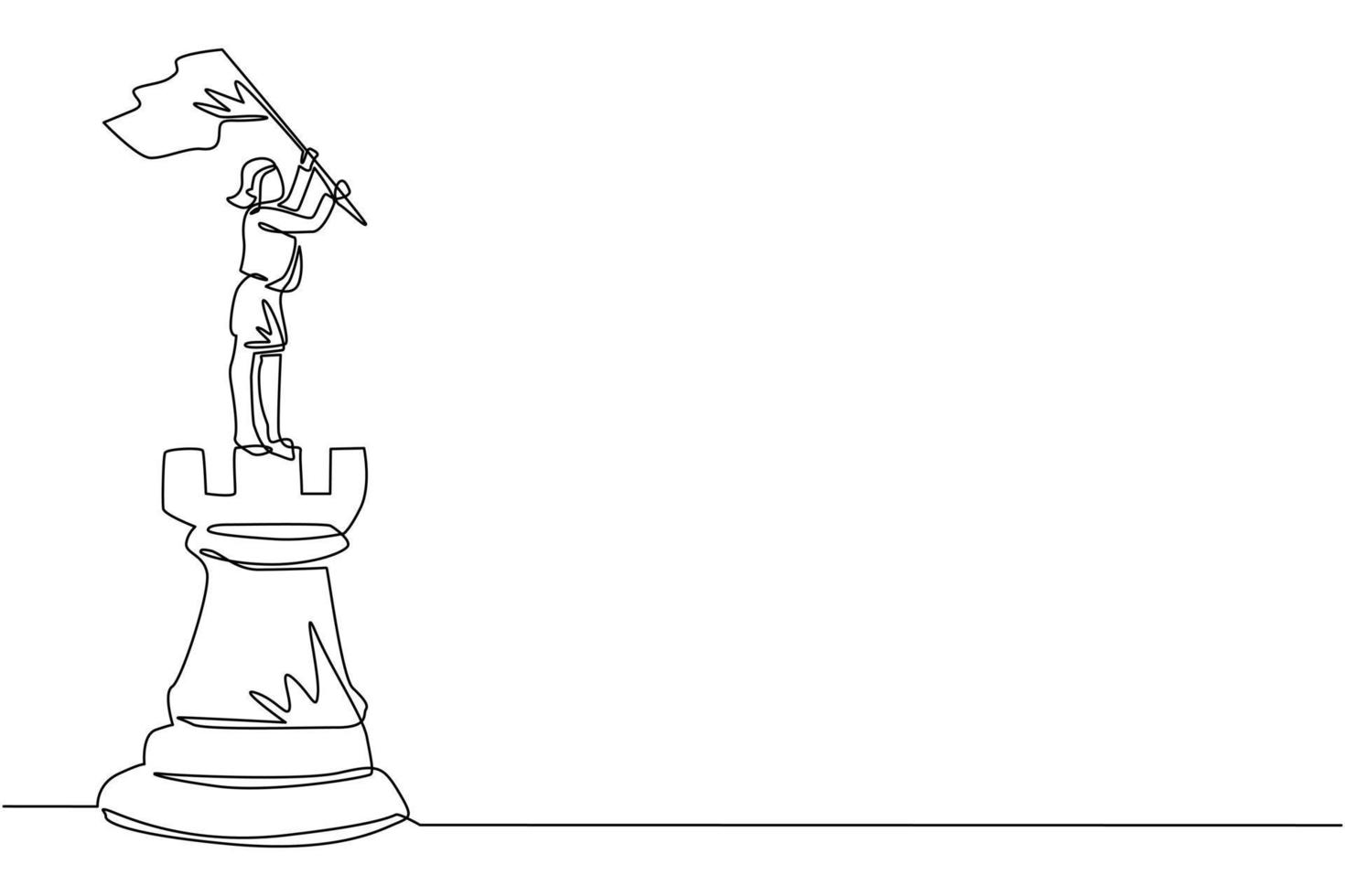 Single one line drawing businesswoman standing on top of big rook chess and waving a flag. Leader success concept. Successful business strategy. Continuous line draw design graphic vector illustration
