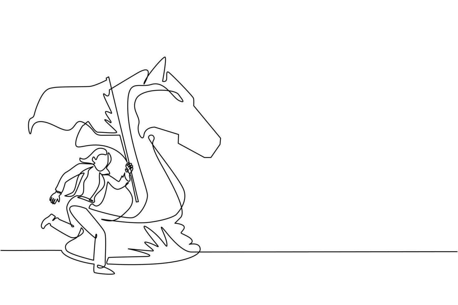Single continuous line drawing cute businesswoman running and holding flag beside big horse knight chess. Business achievement goal, metaphor concept. One line draw graphic design vector illustration