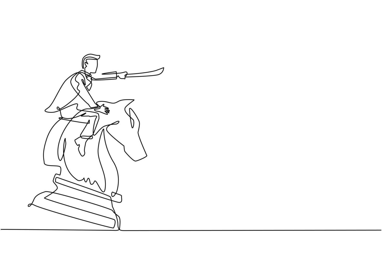 Single one line drawing businessman riding big chess horse knight with sword. Strategy, business, competition, achievement goal concept. Modern continuous line draw design graphic vector illustration