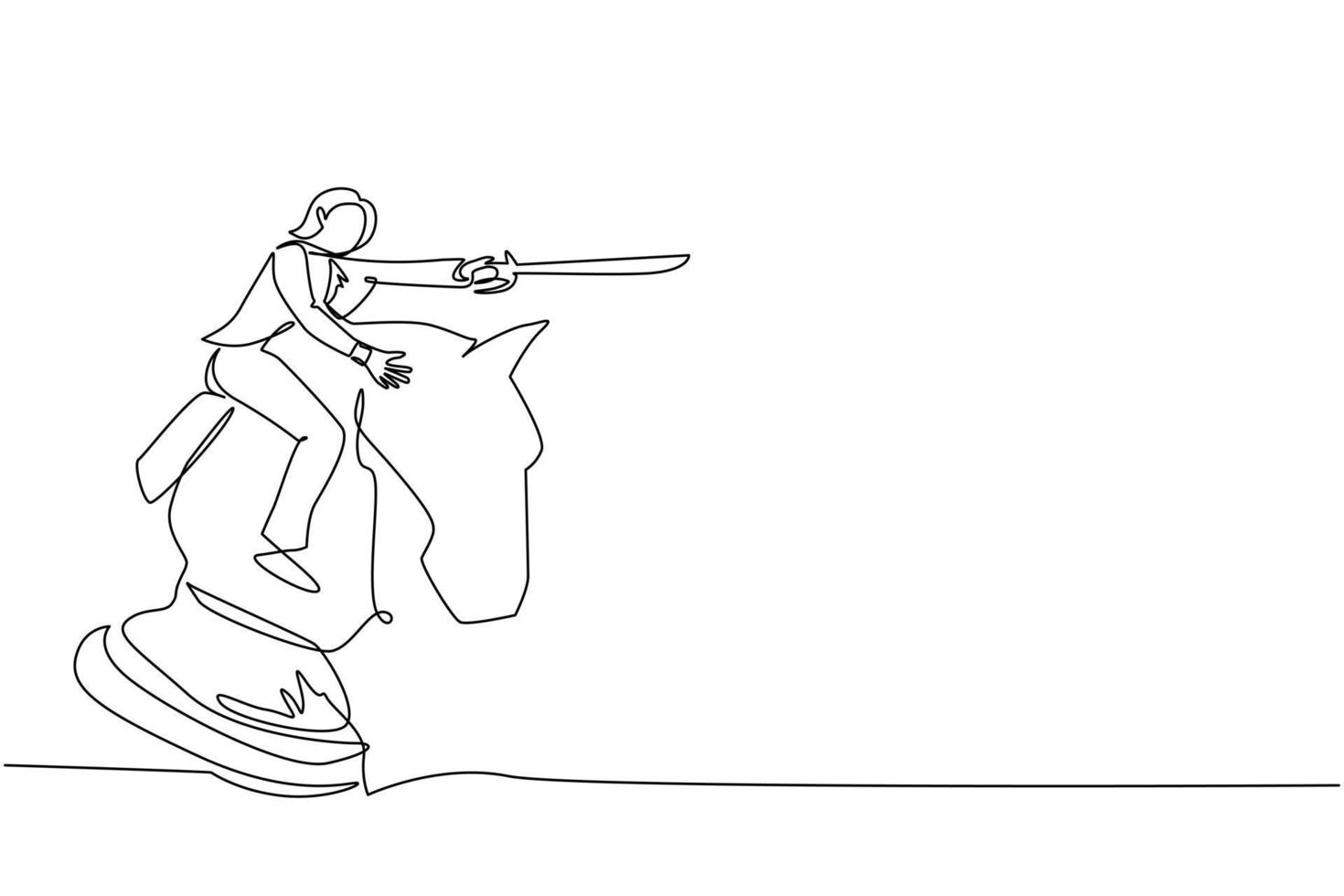 Continuous one line drawing cute businesswoman riding big chess horse knight with sword. Strategy, business, competition, achievement goal concept. Single line draw design vector graphic illustration