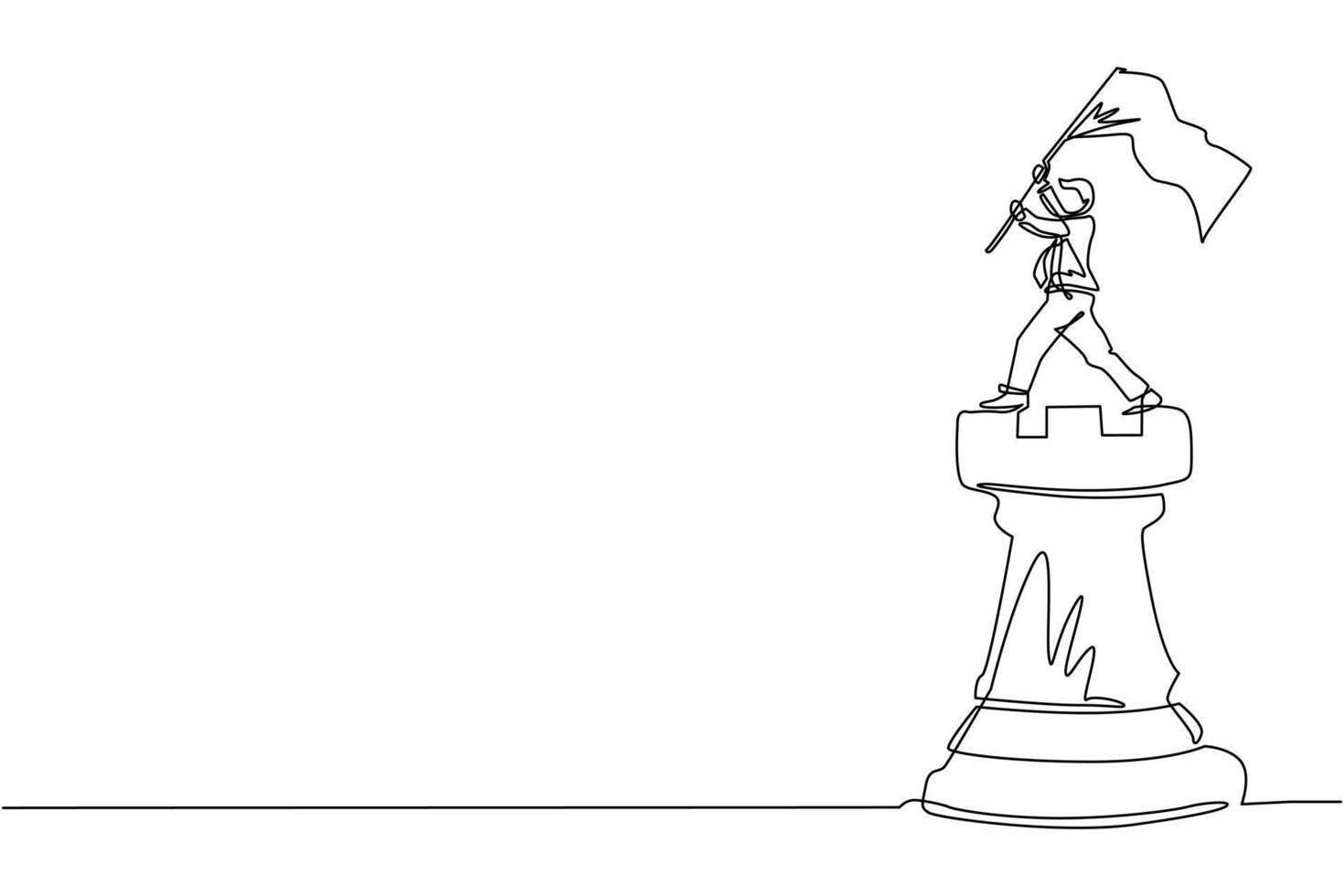 Single continuous line drawing businessman standing on top of big rook chess and waving a flag. Leader success concept. Successful business strategy. One line draw graphic design vector illustration