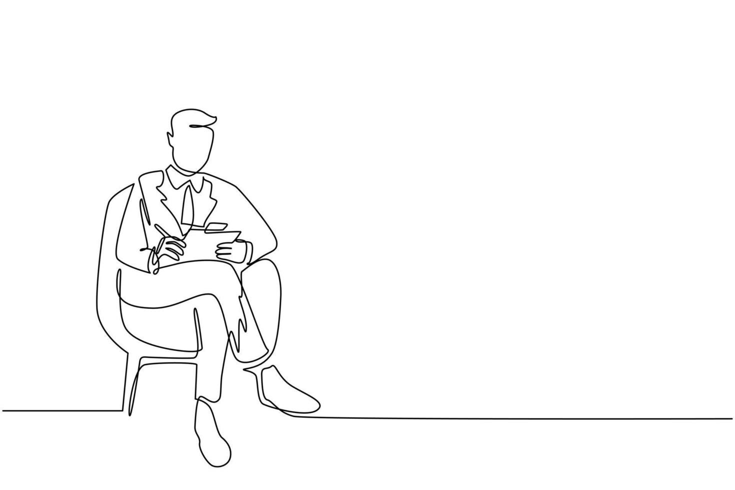 Single one line drawing young businessman with clipboard. Male executive sitting in armchair. Man taking notes. Psychology consultation. Modern continuous line draw design graphic vector illustration