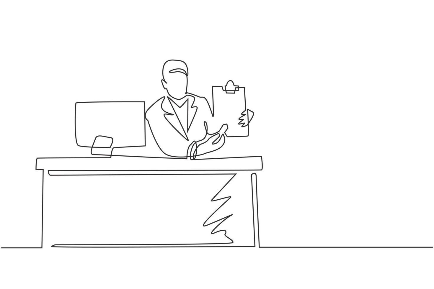 Single one line drawing smiling banking clerk showing bank credit, loan contract or mortgage agreement sitting at desk with computer. Businessman lender. Continuous line draw design graphic vector