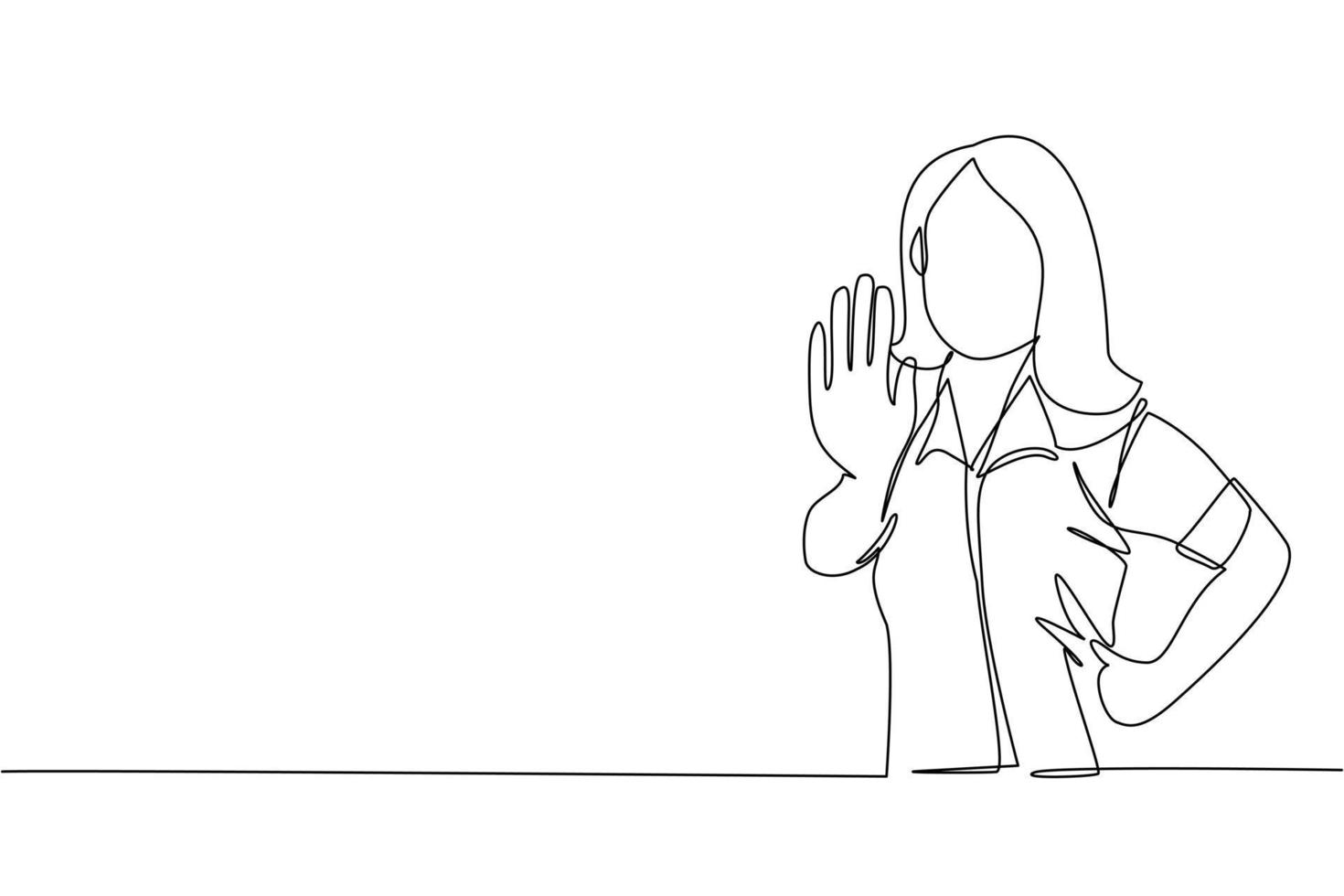 una sola línea continua dibujando a una joven empresaria que muestra la palma como señal de stop, estancia, retención o gesto de rechazo. emoción, concepto de lenguaje corporal. Ilustración de vector de diseño gráfico de dibujo de una línea dinámica