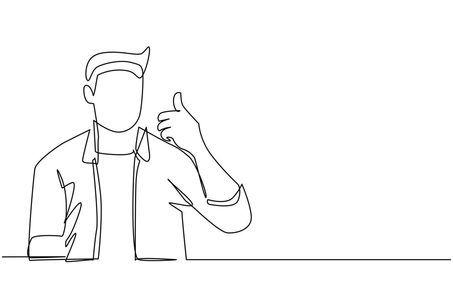 Single continuous line drawing confident businessman thumbs up. Excited business man dressed in casual wear showing thumbs up sign. Deal, like, agree, approve, accept. One line draw design vector