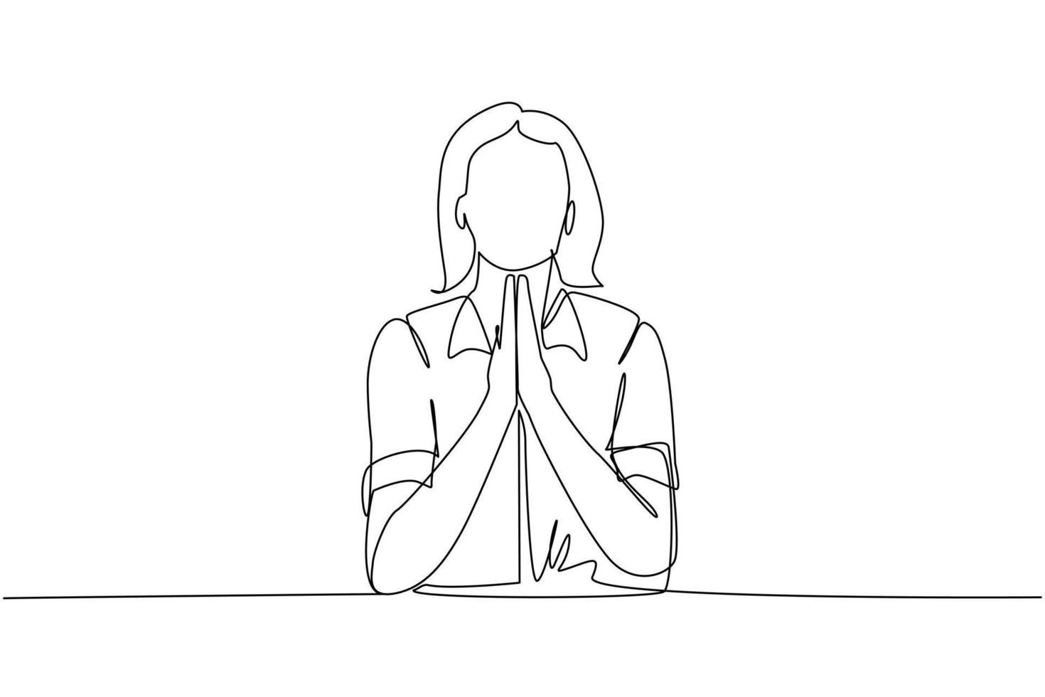 Continuous one line drawing young woman in closed eyes praying hands together. Trendy person holding palms in prayer. Human emotion, body language. Single line draw design vector graphic illustration