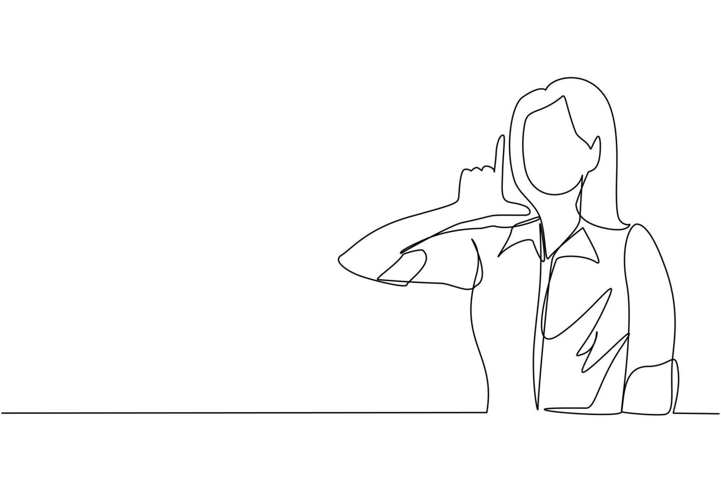 Single one line drawing unhappy woman showing loser sign on forehead with fingers. Stressed trendy person gesturing hand over head. Female making 'L' symbol. Continuous line draw design graphic vector