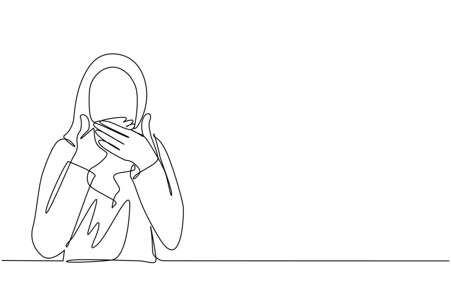 dibujo continuo de una línea mujer árabe cubriendo la boca con las manos. boca femenina con la mano sorprendida de vergüenza por error, expresión de miedo, asustada en silencio, secreta. vector de diseño de dibujo de una sola línea