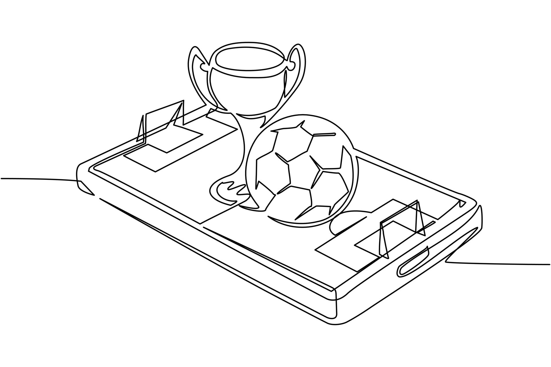 Single continuous line drawing soccer ball and trophy cup over virtual football field smartphone screen. Mobile football soccer