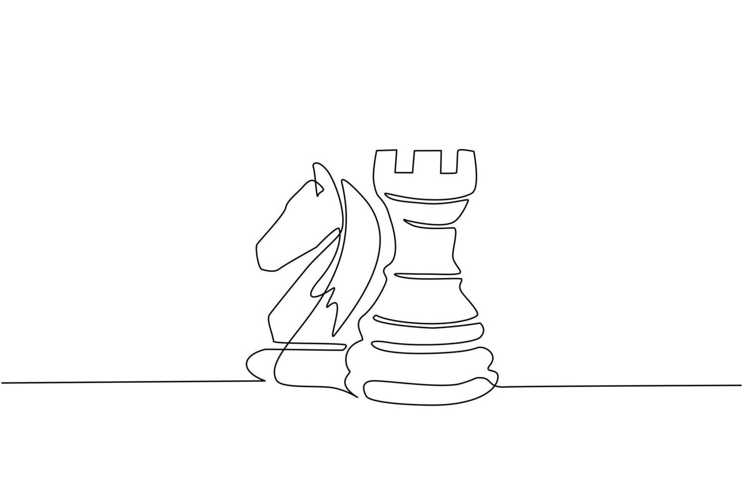 Continuous one line drawing rook and knight chess logo. Set of emblems and signs for chess sport tournament. Successful challenge flat isolated. Single line draw design vector graphic illustration