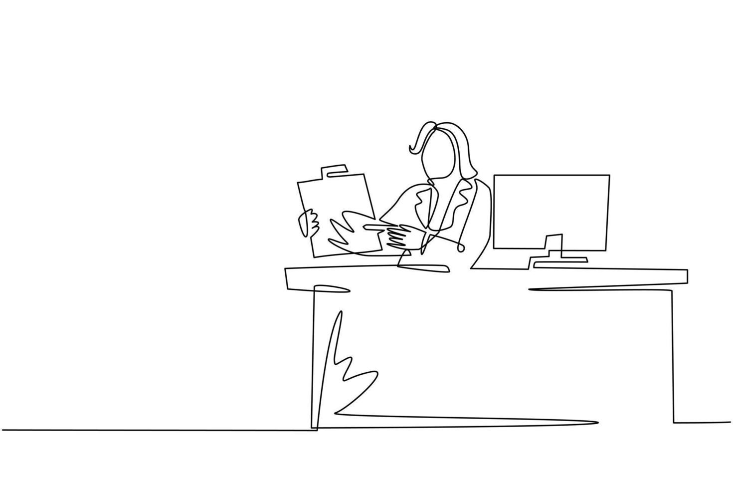 Continuous one line drawing smiling banking clerk showing bank credit, loan contract or mortgage agreement sitting at desk with computer. Businesswoman lender. Single line draw design vector graphic