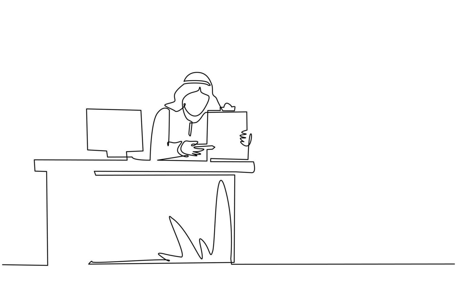 Continuous one line drawing smiling banking clerk showing bank credit, loan contract or mortgage agreement sitting at desk with computer. Arabian businessman lender. Single line draw design vector