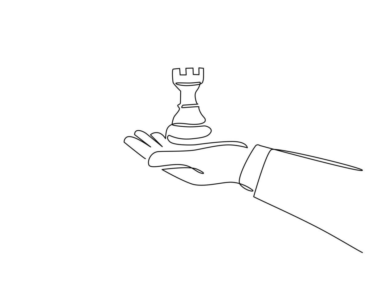 Continuous one line drawing hand holding rook chess figure. Business strategy management. Partnership offer. Sport, competition, competitive, strategic move. Single line draw design vector graphic