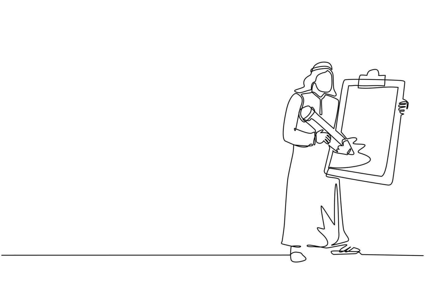 Single one line drawing Arab businessman holding clipboard with checklist. Business success completed plan. Goal achievements planning schedule concept. Continuous line draw design vector illustration