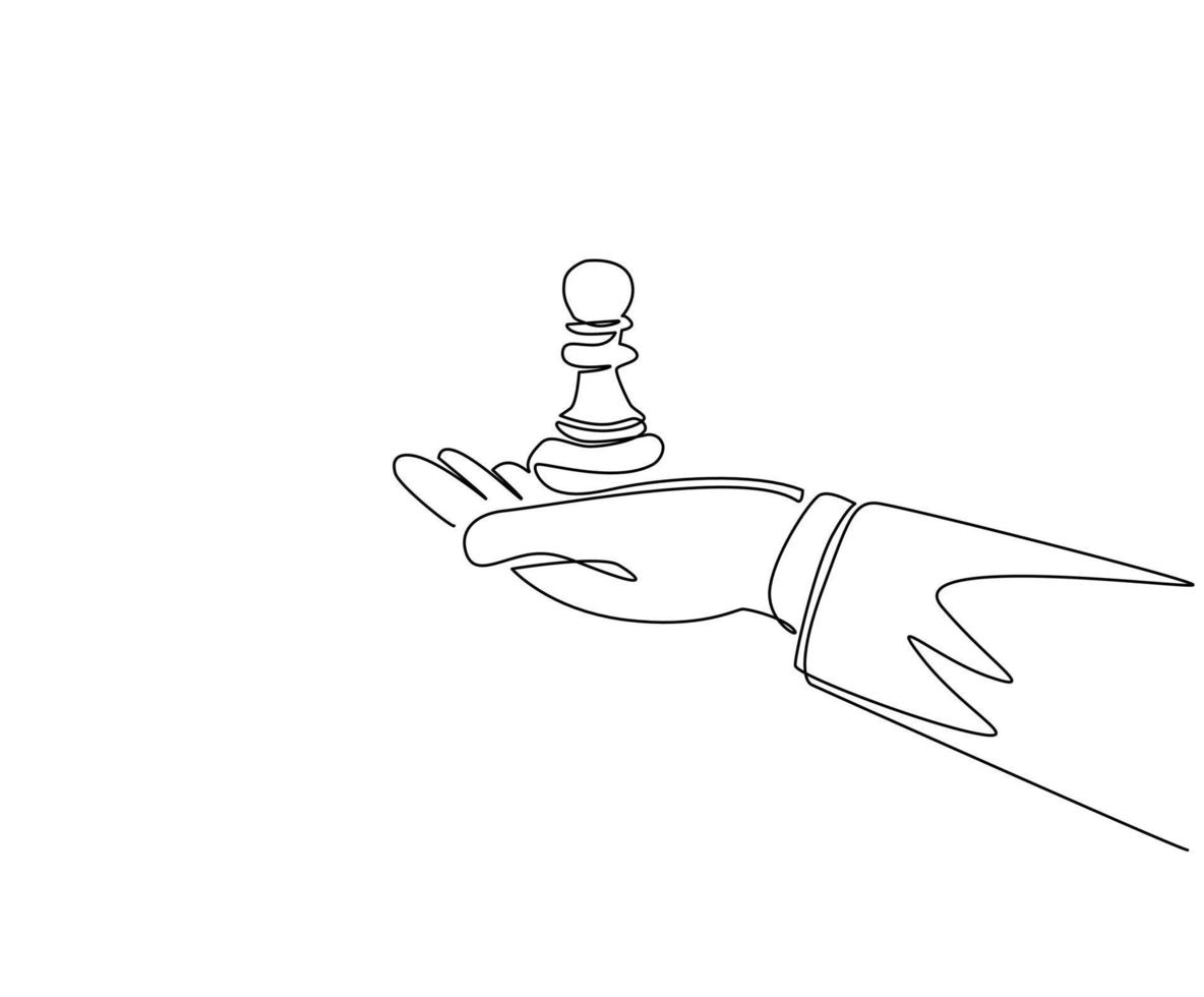 Single one line drawing hand holding pawn chess figure. Business strategy management. Partnership offer. Sport, competition, competitive, strategic. Continuous line draw design vector illustration
