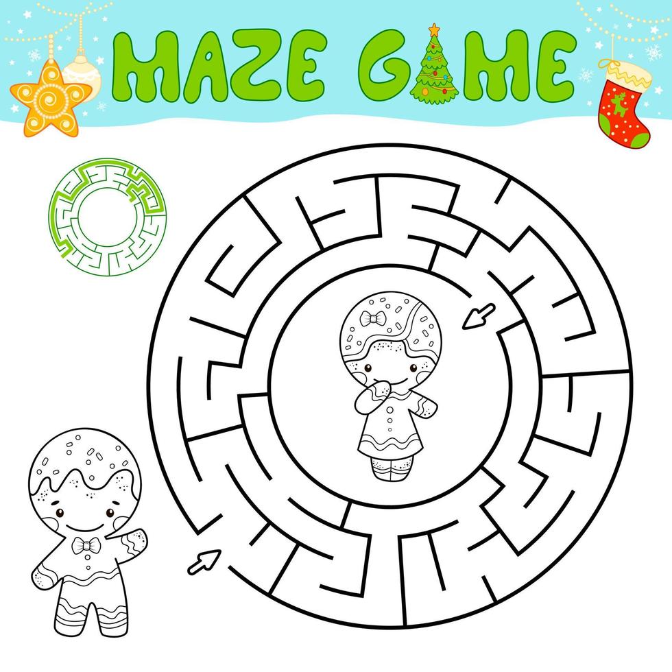 Juego de rompecabezas de laberinto en blanco y negro de Navidad para niños. contorno círculo laberinto o juego de laberinto con hombre de pan de jengibre de navidad vector