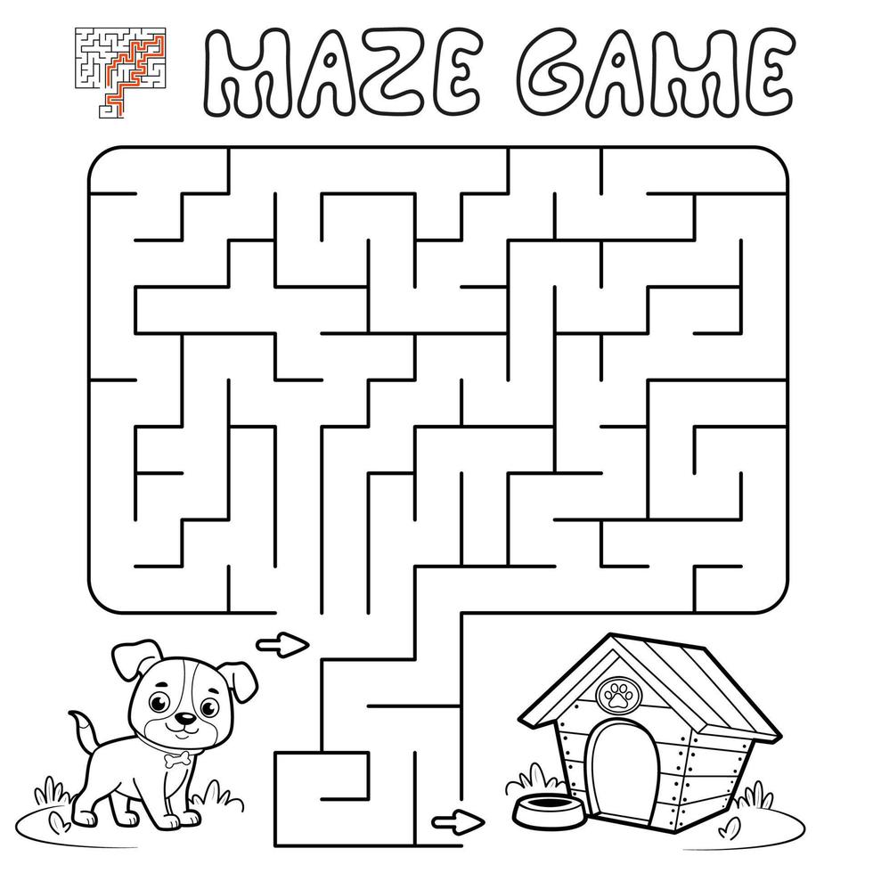Maze puzzle game for children. Outline maze or labyrinth game with dog. vector