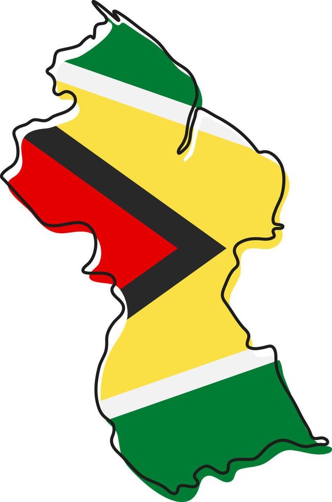 Stylized outline map of Guyana with national flag icon. Flag color map of Guyana vector illustration.