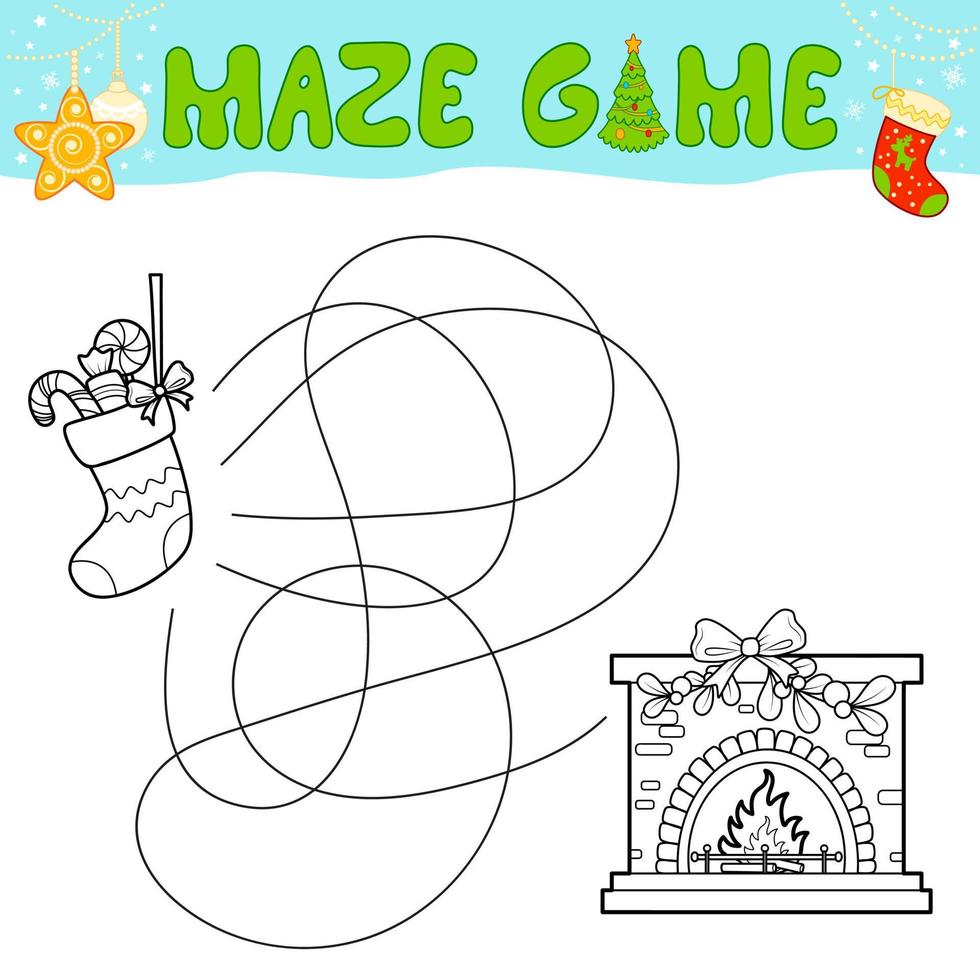Christmas Maze puzzle game for children. Outline maze or labyrinth. Find path game with christmas Sock and fireplace. vector