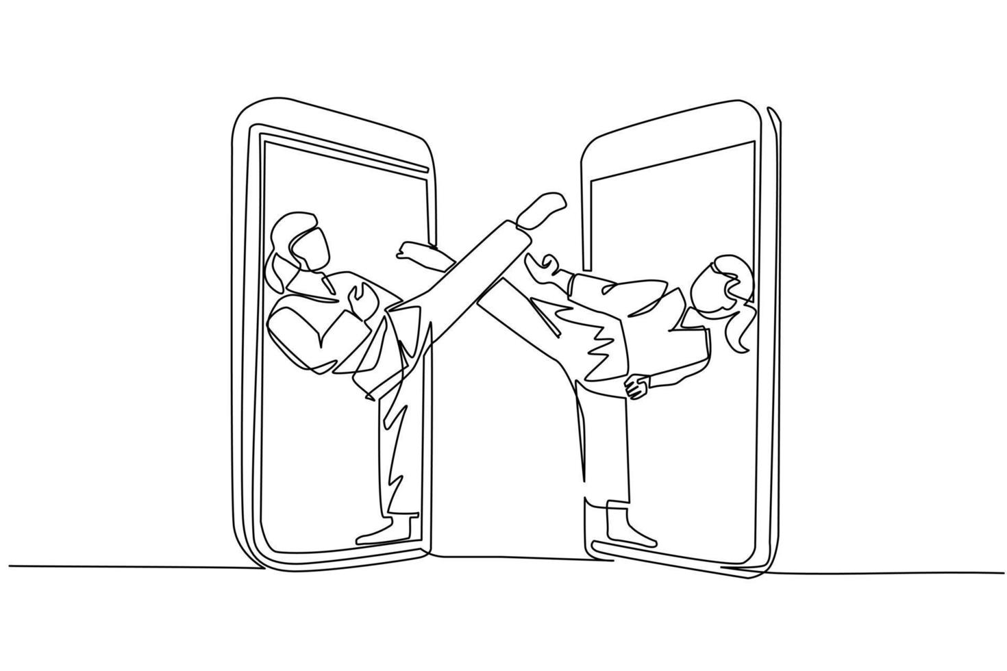 un solo dibujo de una línea de dos luchadoras de karate sale del teléfono celular listo para pelear. luchadores profesionales de karate de pie practicando karate juntos. vector de diseño de dibujo de línea continua
