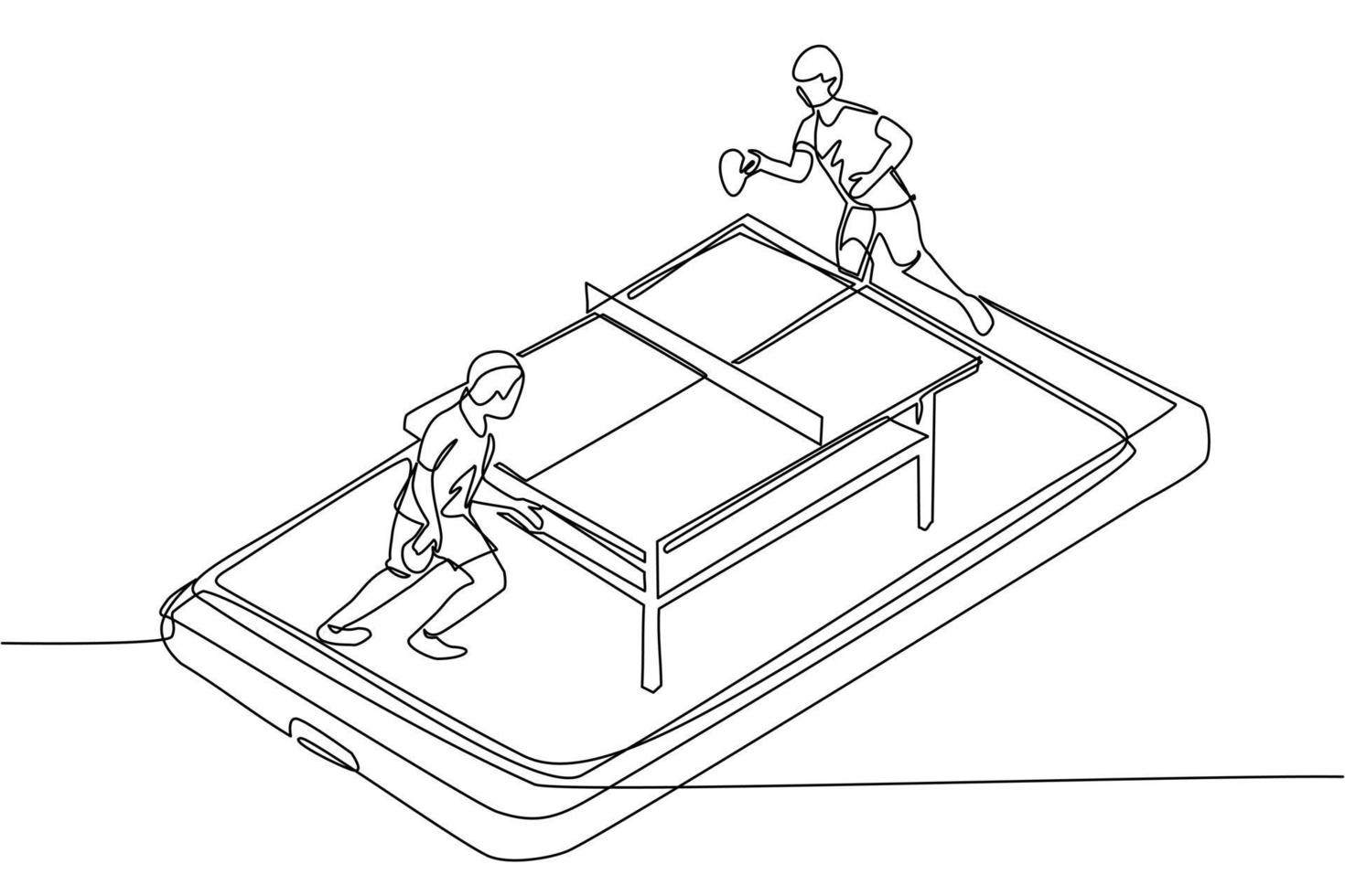 Single continuous line drawing table tennis court with two players on smartphone screen. Professional sports competition table tennis players during match, mobile app. One line draw design vector