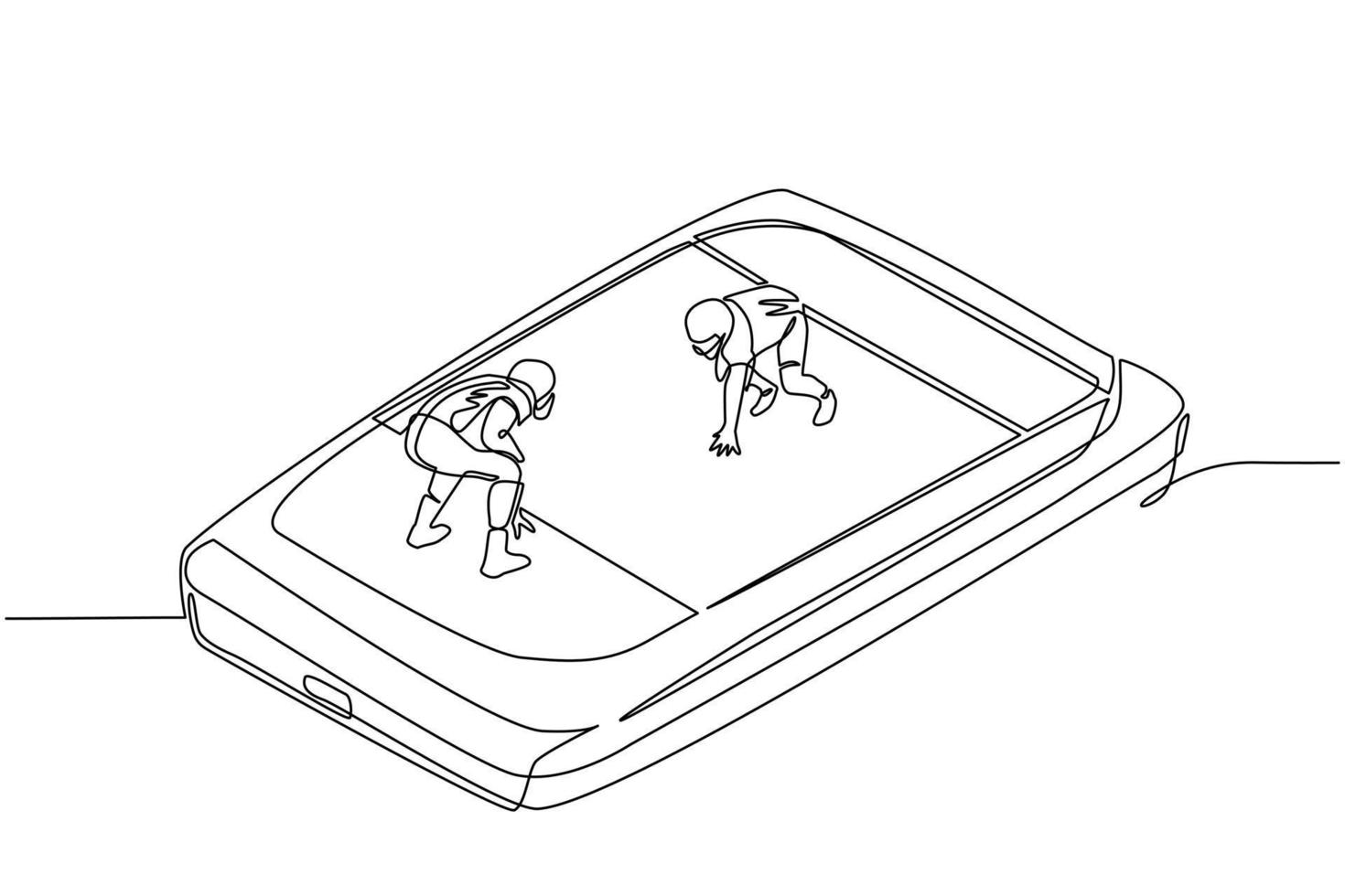 Single continuous line drawing american football field with two players on smartphone screen. Professional sports competition american football game, mobile app. One line draw graphic design vector