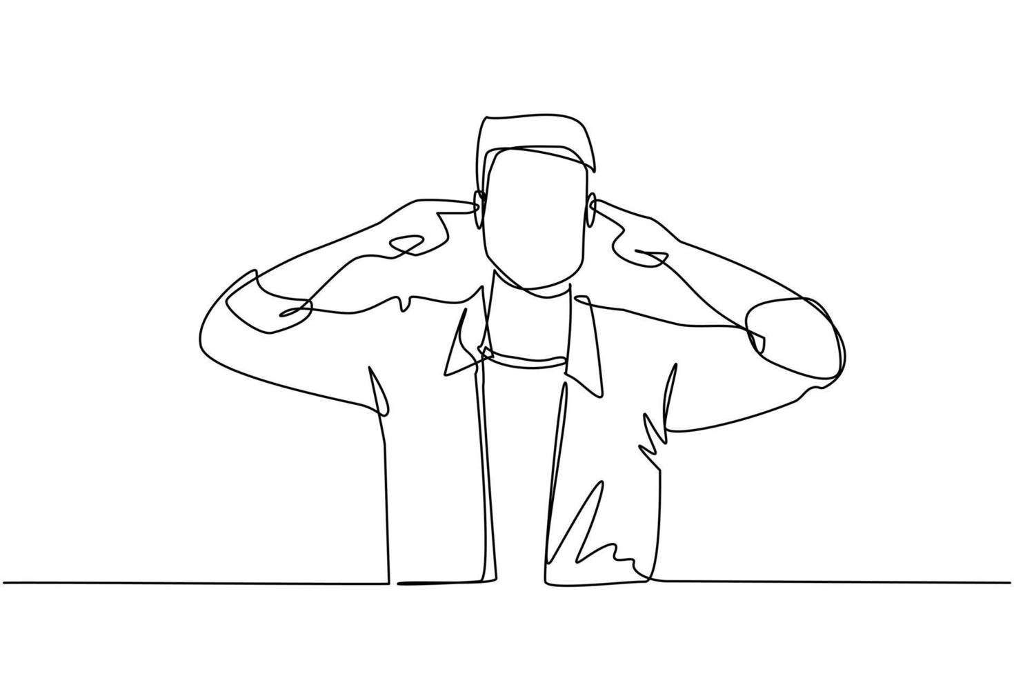 Continuous one line drawing man covering ears with fingers with annoyed expression for the noise of loud sound or music while eyes closed standing in white background. Single line draw design vector