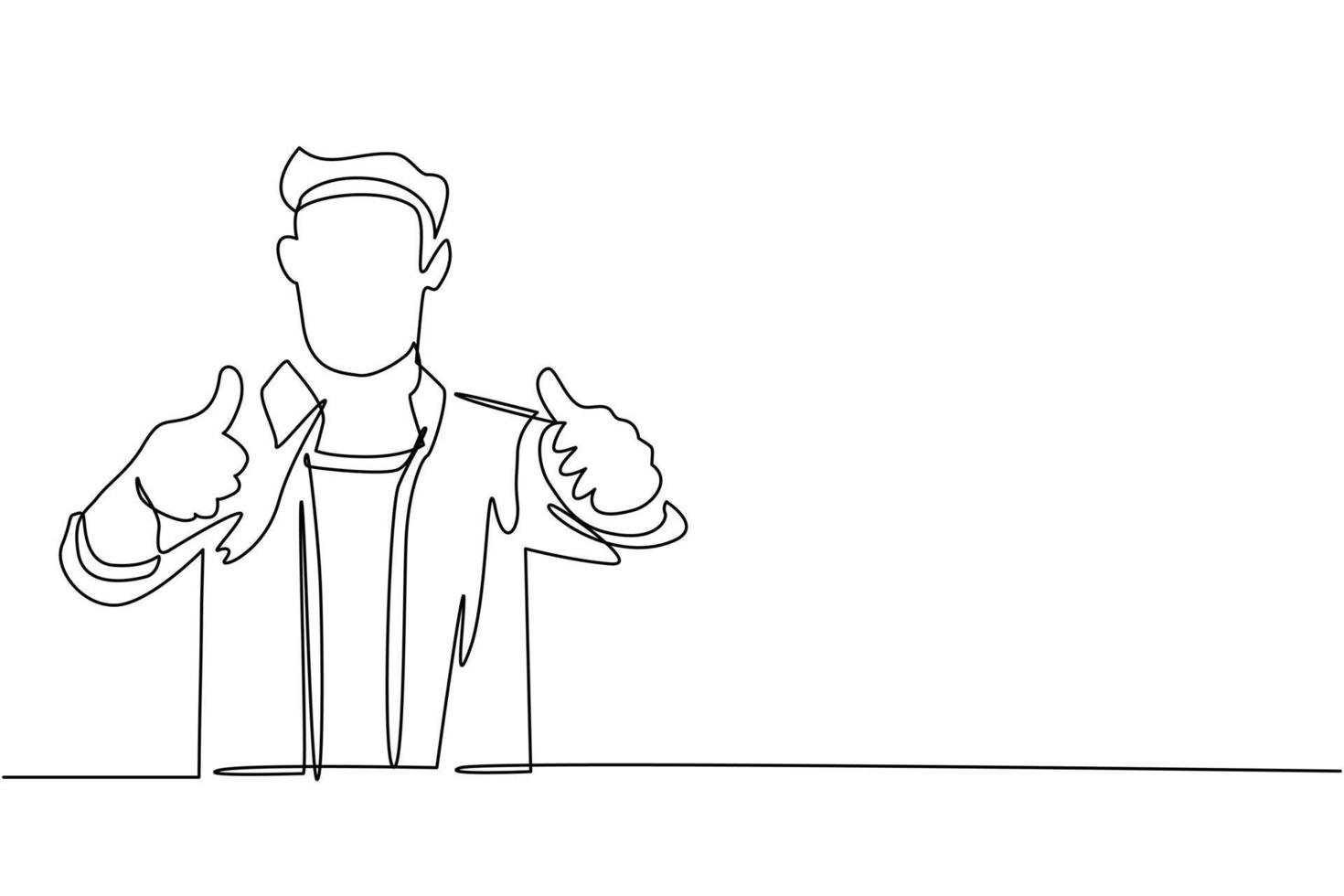 Single continuous line drawing confident businessman thumbs up. Excited business man dressed in casual wear showing thumbs up sign. Deal, like, agree, approve, accept. One line draw design vector