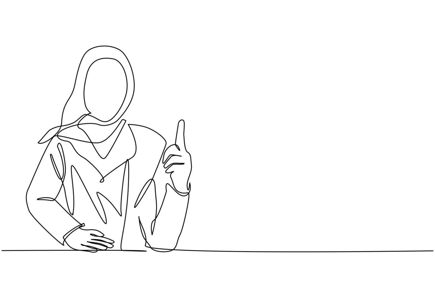 Single continuous line drawing young Arab female pointing up finger while standing and smiling. Happy woman pointing copy space. Emotion and body language concept. One line draw graphic design vector