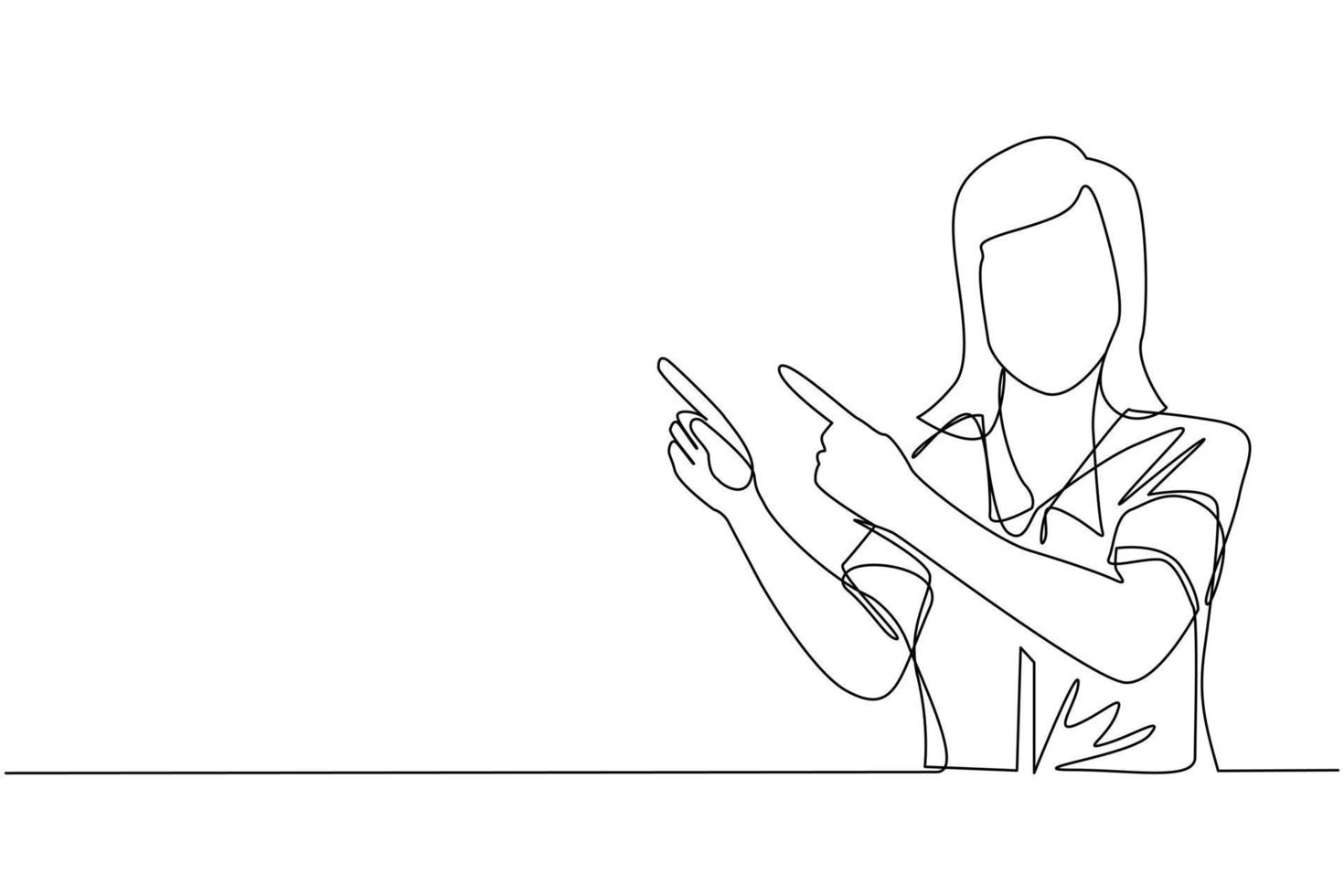 Continuous one line drawing young woman pointing away hands together and showing or presenting something while standing and smiling. Emotion and body language. Single line draw design vector graphic
