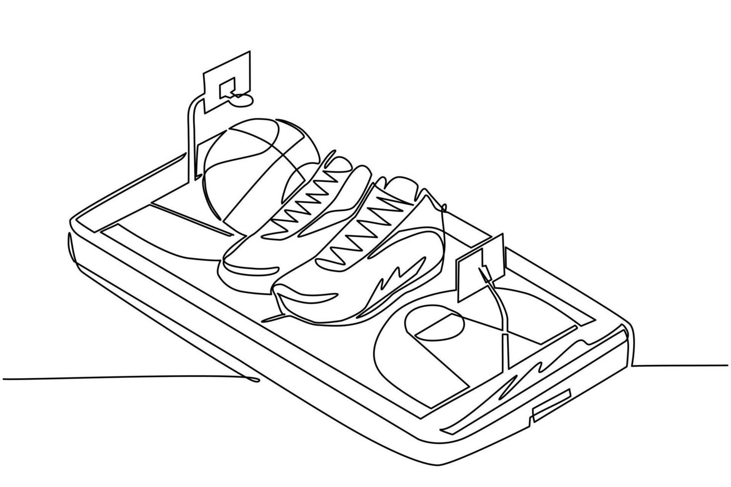 zapatos de baloncesto de dibujo de una sola línea continua y pelotas de baloncesto en la pantalla del teléfono inteligente. teléfono inteligente con aplicación de baloncesto. campeonato de transmisión de deportes móviles para jugar. vector de diseño gráfico de dibujo de una línea