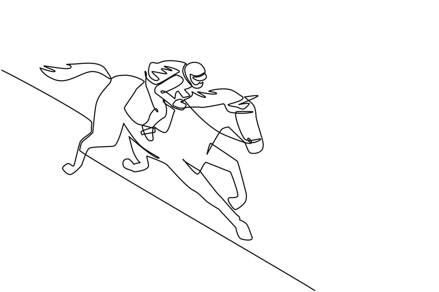 Single continuous line drawing young jockey on horse. Racing horse with jockey. Champion. Horse riding. Equestrian sport. Jockey riding jumping horse. One line draw graphic design vector illustration