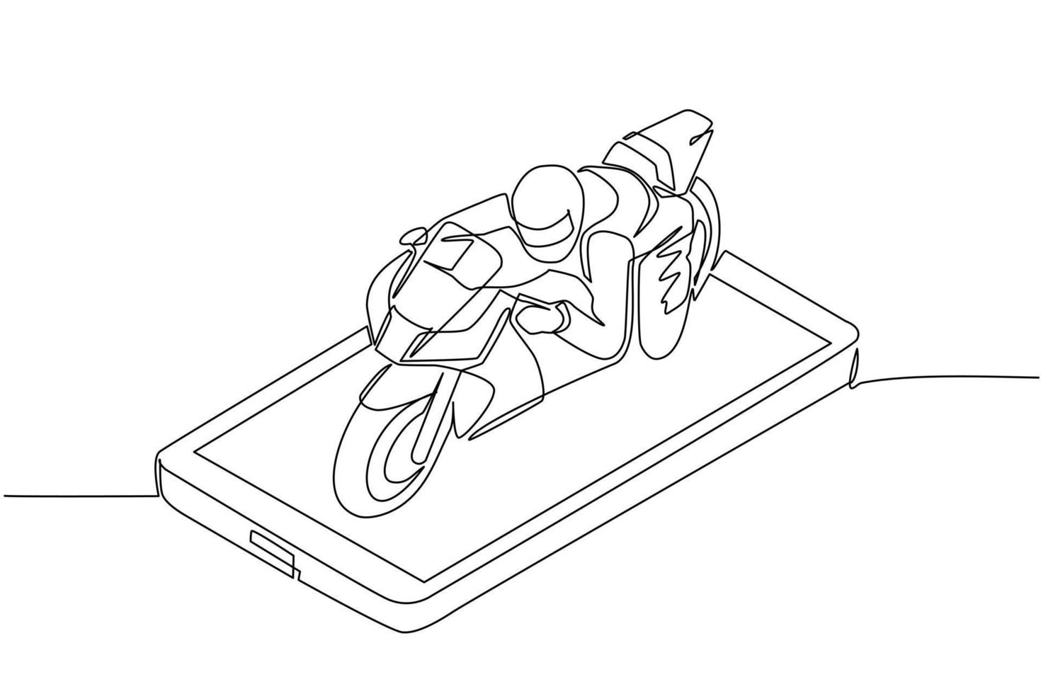 Single continuous line drawing biker wearing helmet, riding motorcycle on smartphone screen. Man in racer overalls and helmet sitting on sports bike. One line draw graphic design vector illustration