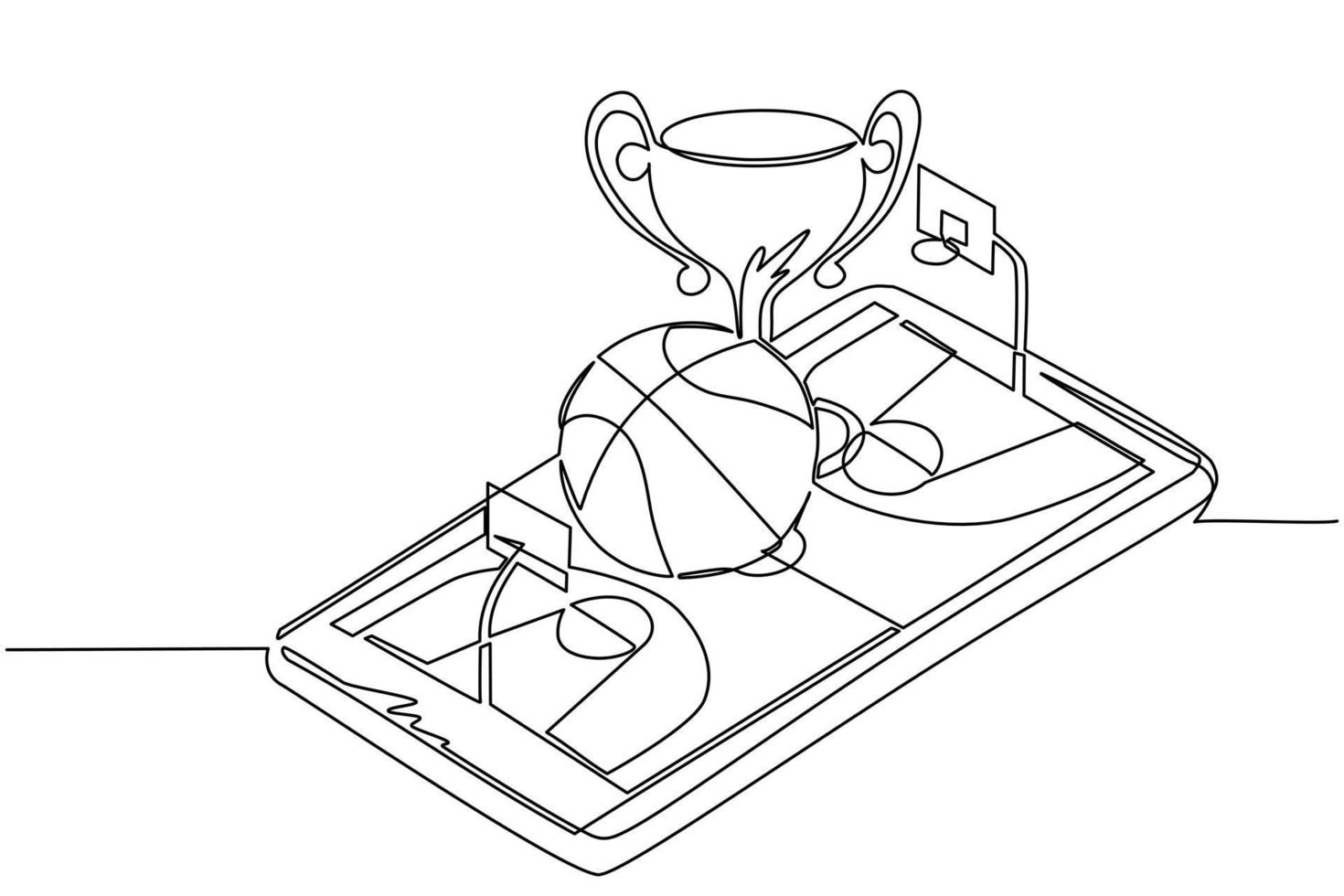 Continuous one line drawing basketball ball and trophy cup over virtual basketball court smartphone screen. Online basketball games. Smartphone application. Single line draw design vector illustration