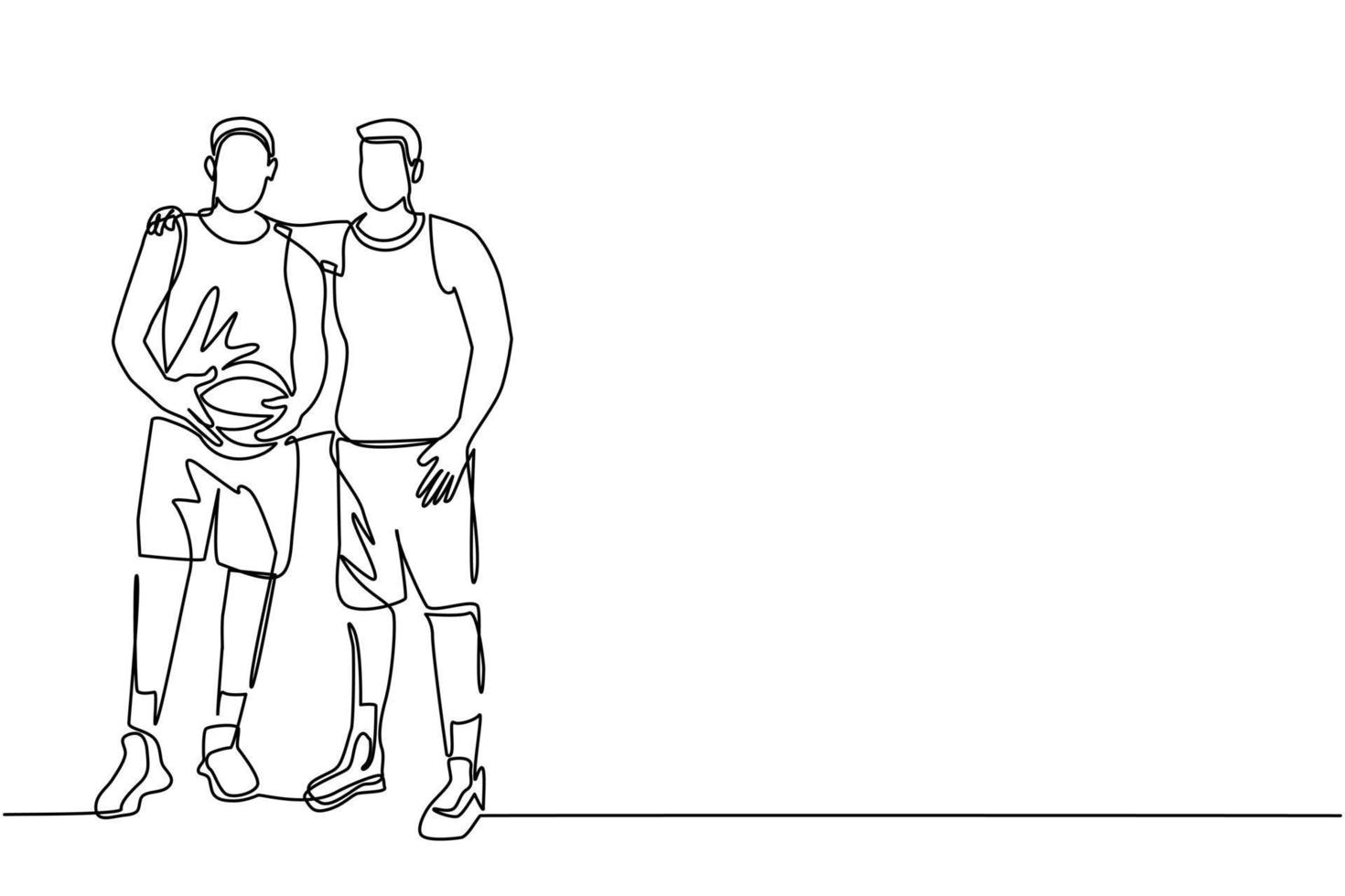 Continuous one line drawing two basketball players embrace each other. Two friendly man together after match finished. Male basketball players celebrating game with hug. Single line draw design vector