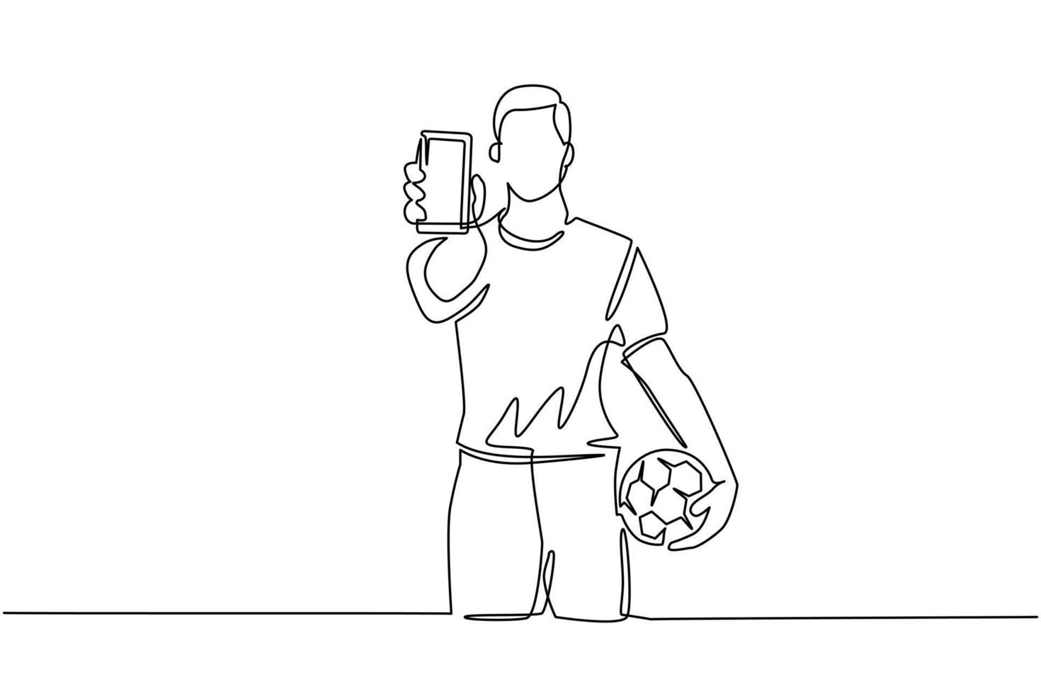 Single continuous line drawing soccer player holding football ball and smartphone. Mobile football soccer. Mobile sport play match. Online soccer game with live mobile app. One line draw design vector