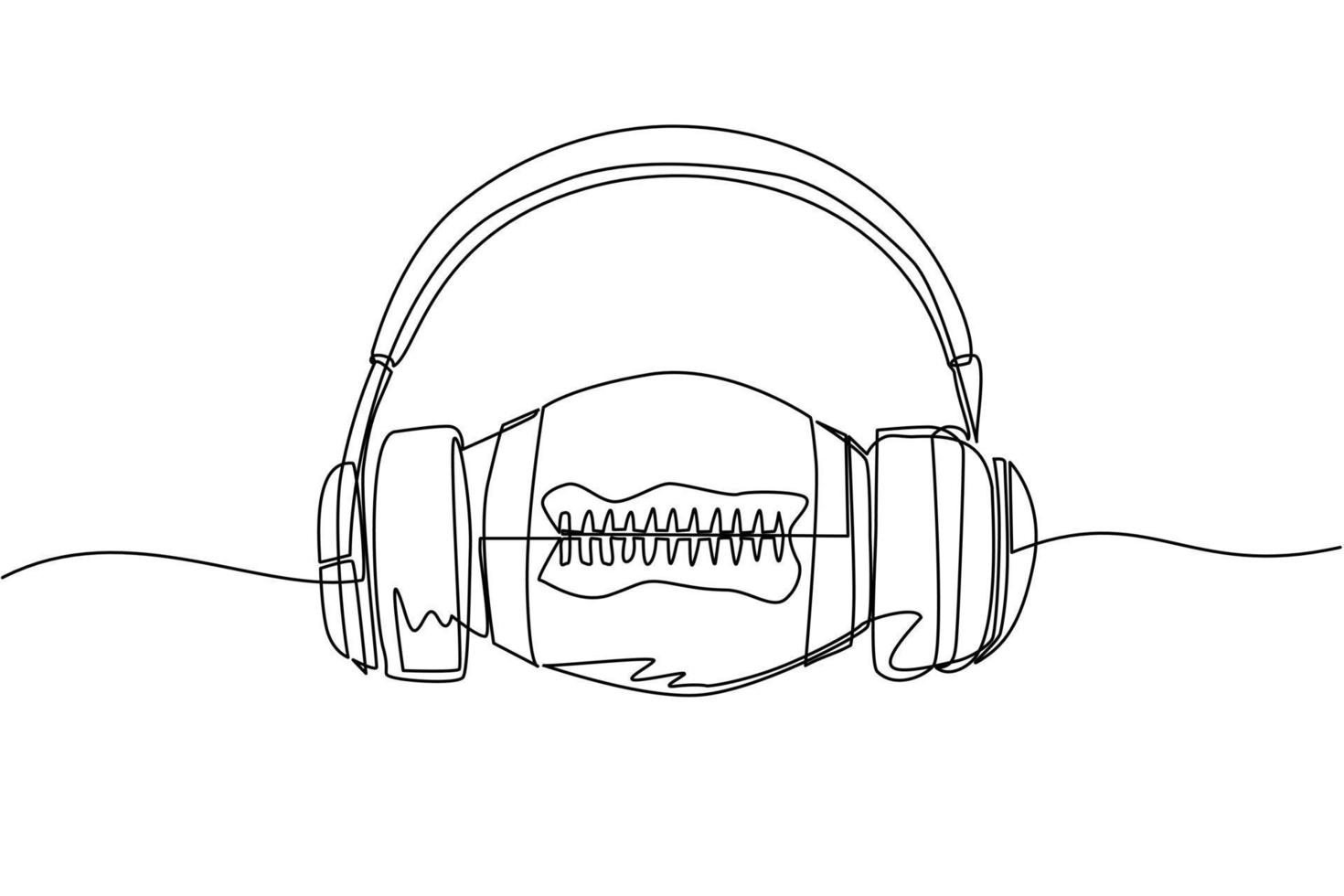 Single continuous line drawing American football ball with headphone. American football commentator sport icon. Flat cartoon style for web, banner, sticker. One line draw design vector illustration