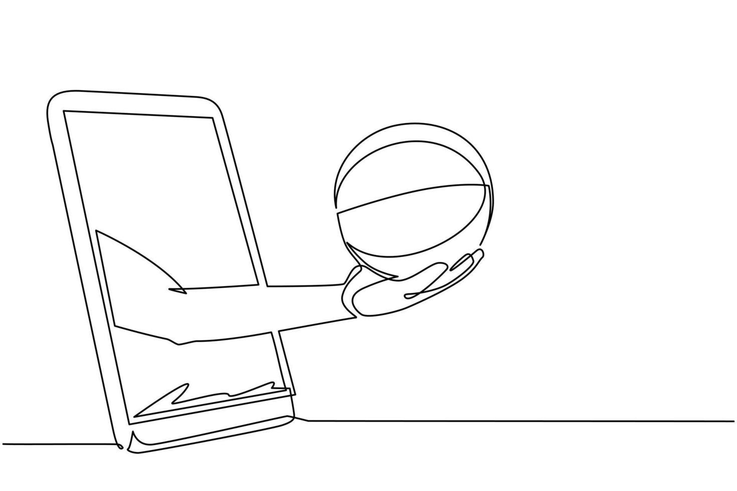 Single continuous line drawing player hand holds basketball ball through mobile phone. Smartphone with app basketball. Mobile sports stream championship. One line draw design vector illustration