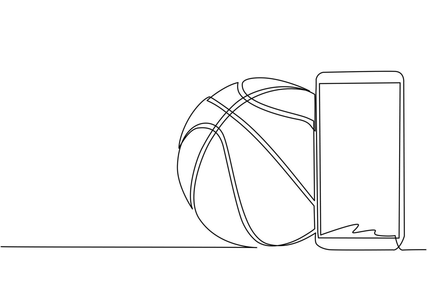 teléfono inteligente de dibujo de línea continua única y pelota de baloncesto. teléfono inteligente con aplicación de baloncesto. campeonato de transmisión de deportes móviles para jugar. Ilustración de vector de diseño gráfico de dibujo de una línea dinámica