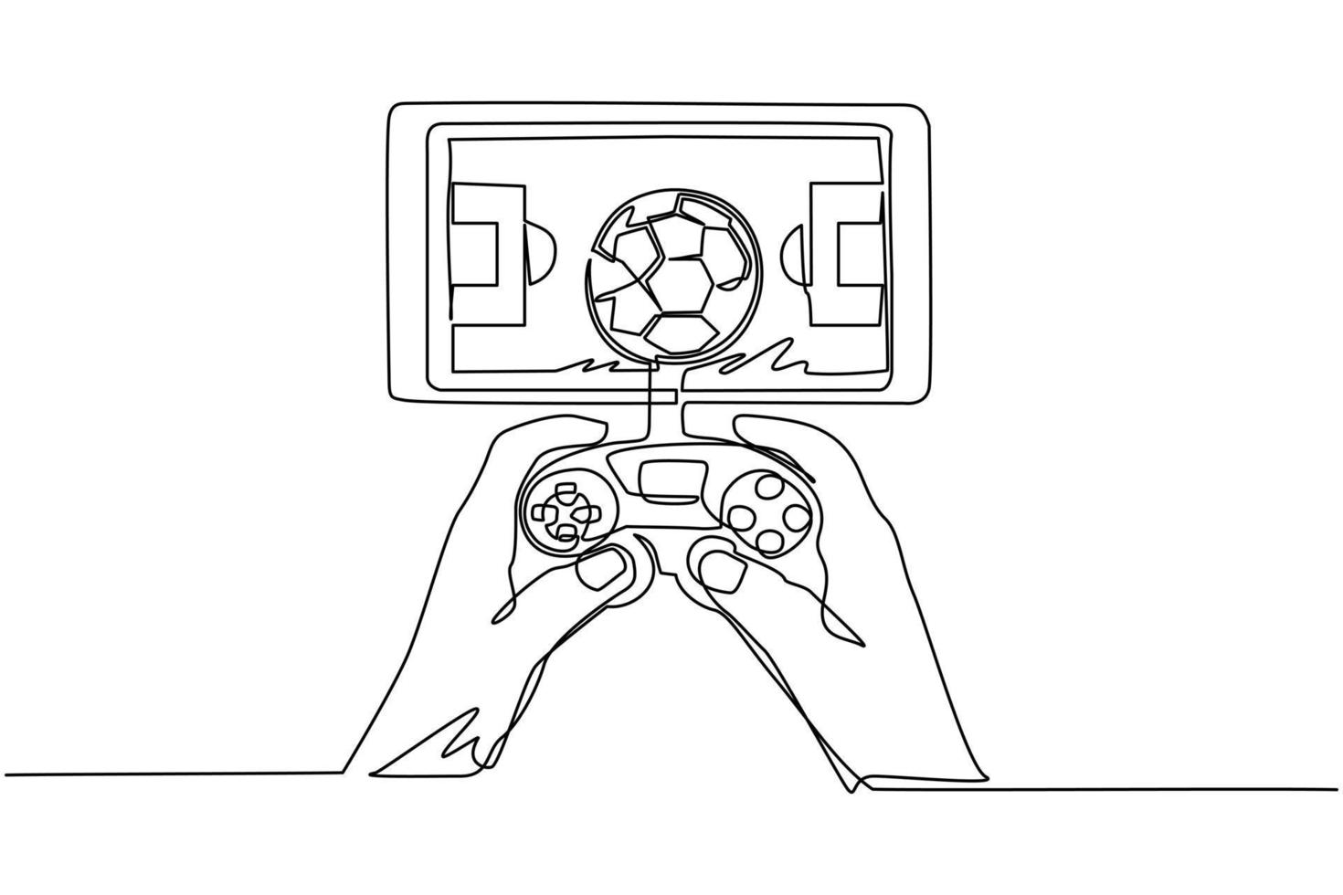 teléfono inteligente de dibujo de línea continua único conectado con gamepad y jugando juegos de fútbol. juegos de fútbol en línea. aplicaciones para teléfonos inteligentes. fútbol móvil. ilustración de vector de diseño de dibujo de una línea