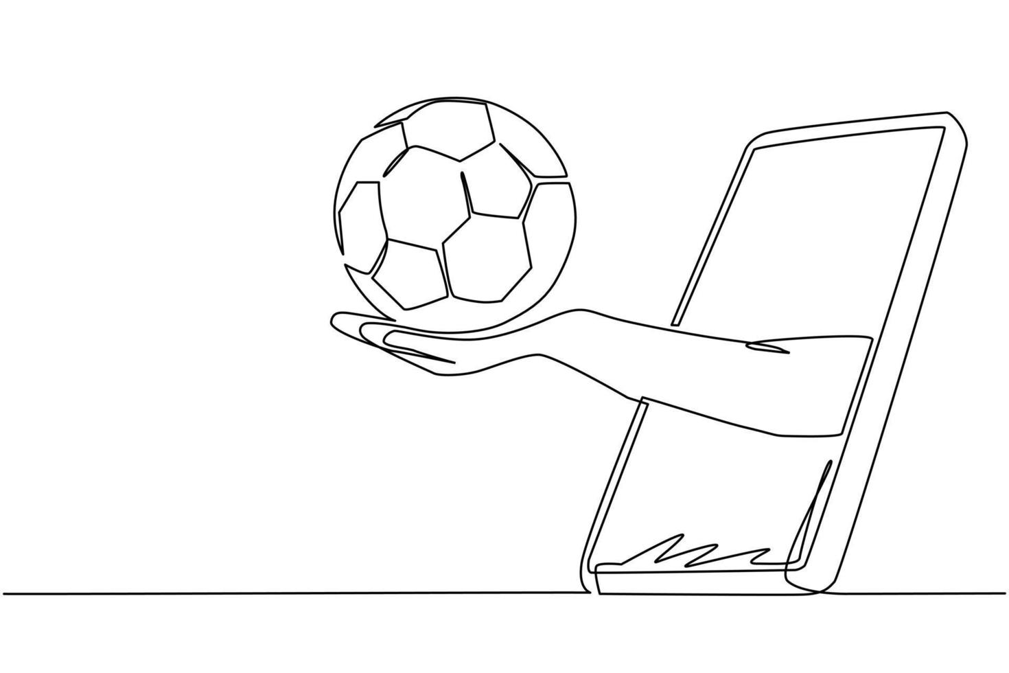 la mano de dibujo de una sola línea continua sostiene el balón de fútbol a través del teléfono inteligente. concepto para juegos en línea, retransmisiones deportivas. juegos de fútbol en línea. Ilustración de vector de diseño gráfico de dibujo de una línea dinámica