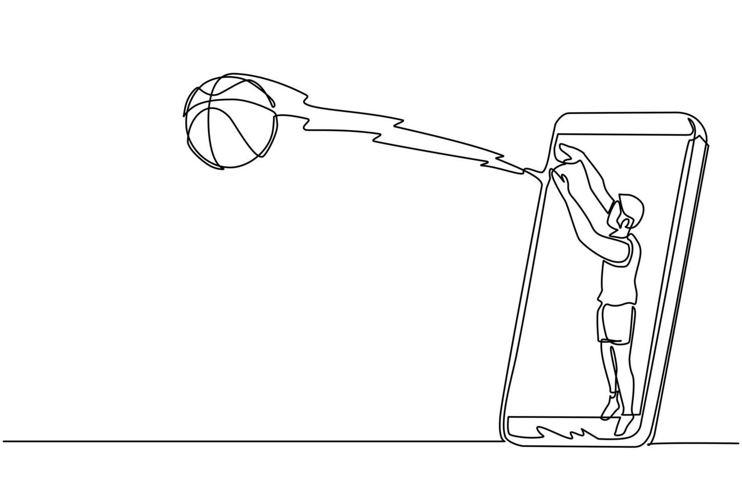 Continuous one line drawing basketball player shooting ball out of smartphone screen. Online basketball games. Smartphone applications. Mobile basketball. Single line draw design vector illustration