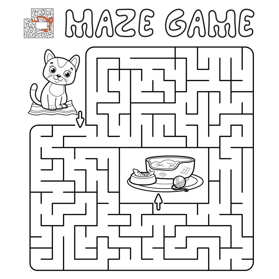 Maze puzzle game for children. Outline maze or labyrinth game with cat. vector